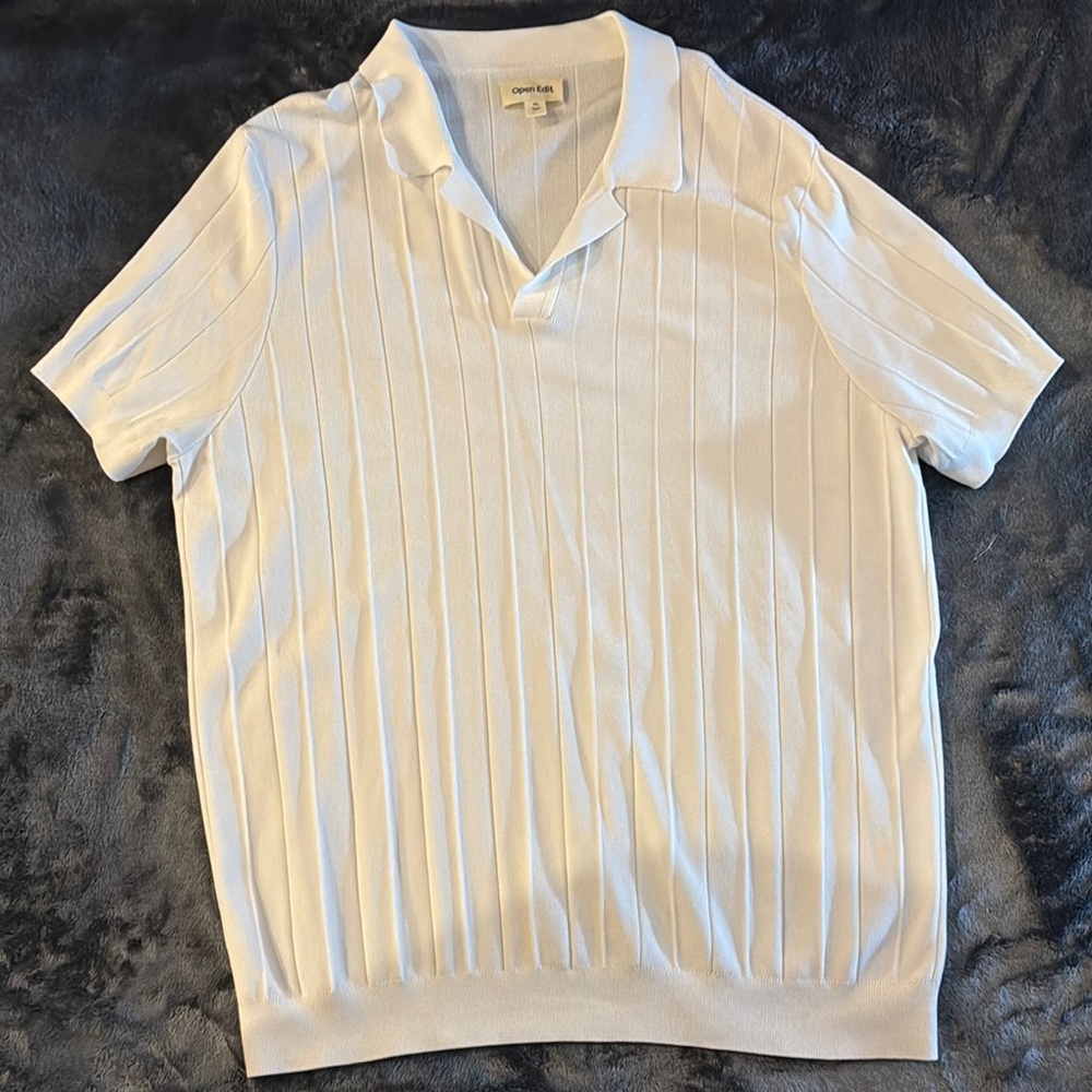 Open Edit White Knit Polo Shirt with Classic Collar